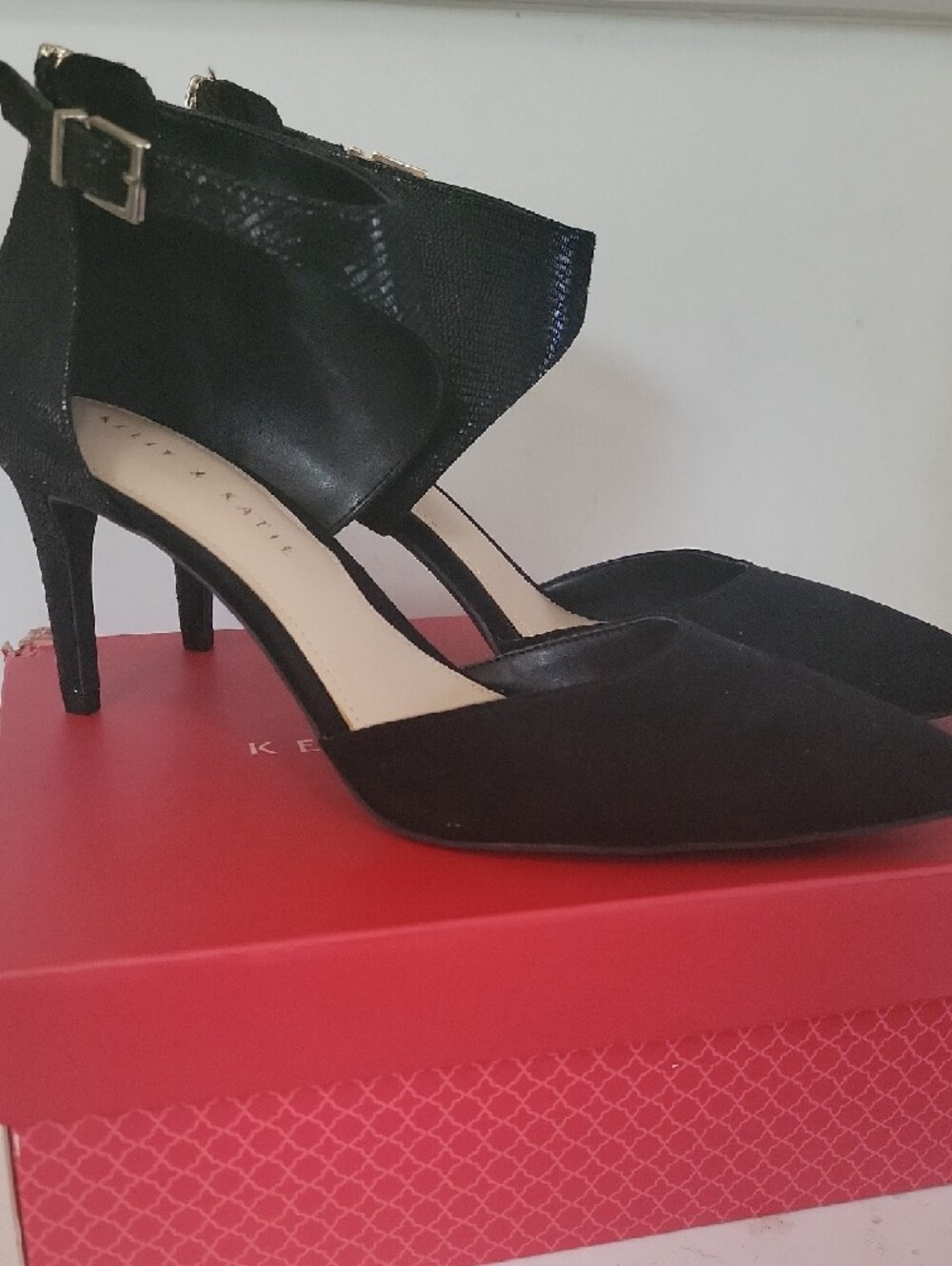 Kelly & Katie Black Pointed D'Orsay Ankle-Strap Heels